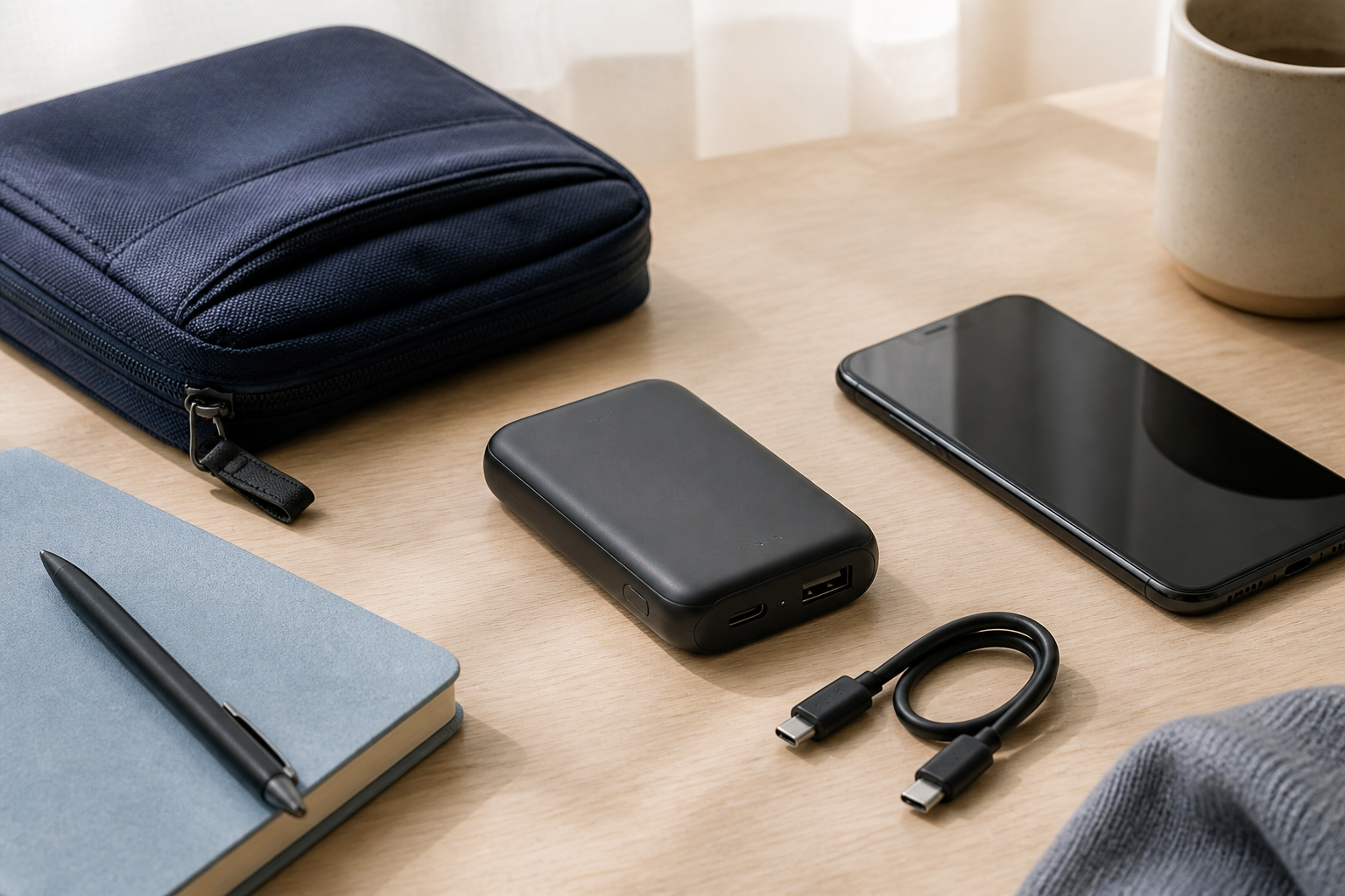 行動電源、USB-C 線與隨身收納包,作為出門前檢查充電需求的情境示意圖